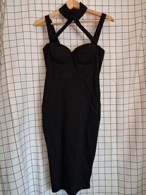 Fashion Nova Black Strappy Midi Dress with Halter Neck